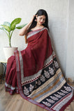 HAND BLOCK BLACK & WHITE PRINTED COTTON LINEN SAREE WITH BLOUSE  (LCS115)