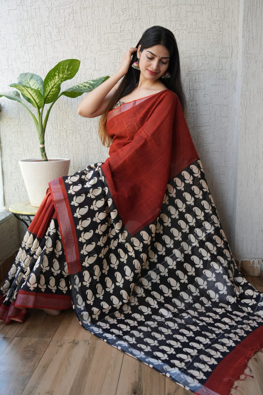 HAND BLOCK BLACK & WHITE PRINTED COTTON LINEN SAREE WITH BLOUSE  (LCS117)