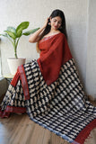 HAND BLOCK BLACK & WHITE PRINTED COTTON LINEN SAREE WITH BLOUSE  (LCS117)