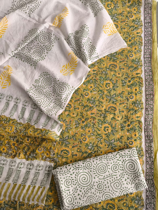 HAND BLOCK PRINTED COTTON 3-PIS SUIT WITH MULMUL DUPPATA (CMS23)