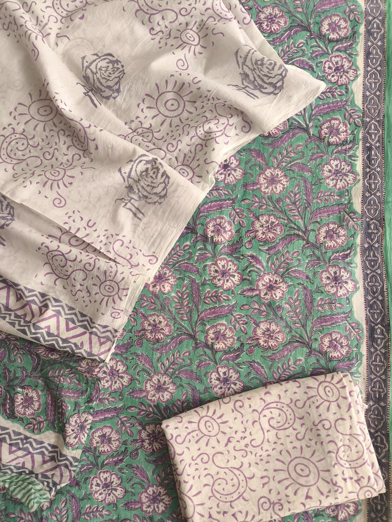 HAND BLOCK PRINTED COTTON 3-PIS SUIT WITH MULMUL DUPPATA (CMS27)