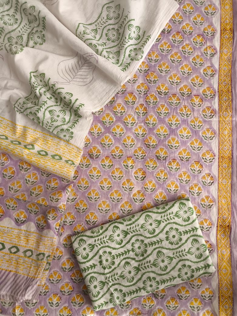 HAND BLOCK PRINTED COTTON 3-PIS SUIT WITH MULMUL DUPPATA (CMS30)