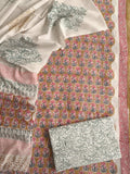 HAND BLOCK PRINTED COTTON 3-PIS SUIT WITH MULMUL DUPPATA (CMS31)