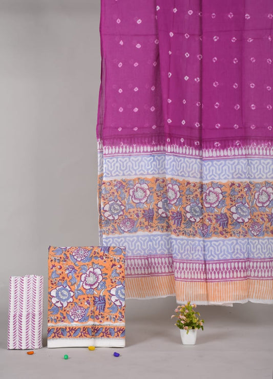 HAND BLOCK PRINTED COTTON 3-PIS SUIT WITH MULMUL DUPPATA (CMS32)