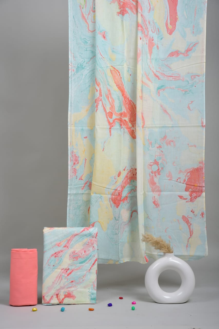 HAND BLOCK PRINTED COTTON 3-PIS SUIT WITH MULMUL DUPPATA (CMS36)