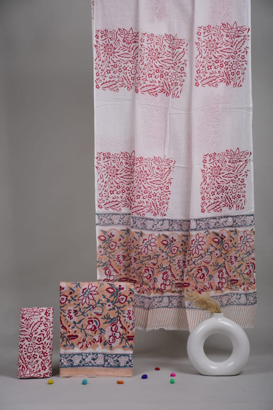 HAND BLOCK PRINTED COTTON 3-PIS SUIT WITH MULMUL DUPPATA (CMS38)