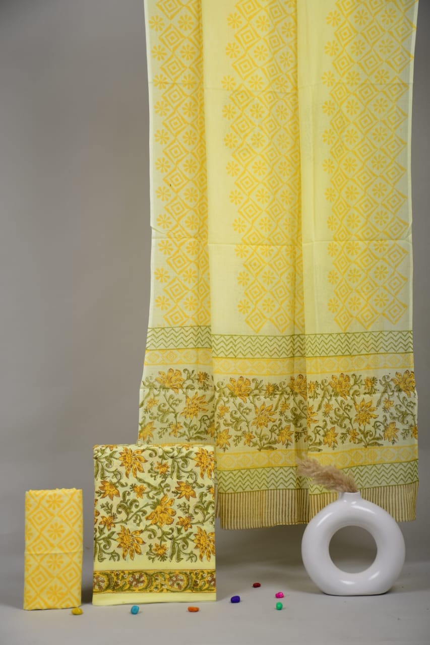 HAND BLOCK PRINTED COTTON 3-PIS SUIT WITH MULMUL DUPPATA (CMS40)