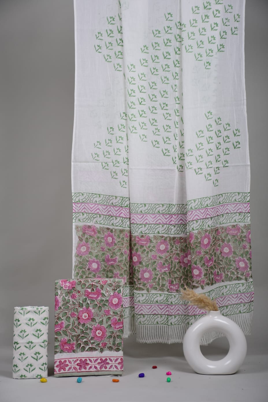 HAND BLOCK PRINTED COTTON 3-PIS SUIT WITH MULMUL DUPPATA (CMS41)