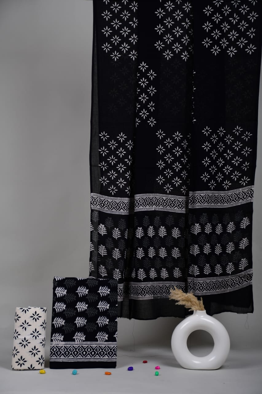 HAND BLOCK PRINTED COTTON 3-PIS SUIT WITH MULMUL DUPPATA (CMS42)