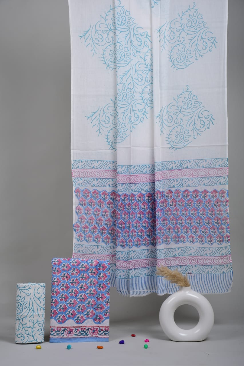 HAND BLOCK PRINTED COTTON 3-PIS SUIT WITH MULMUL DUPPATA (CMS43)