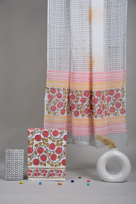 HAND BLOCK PRINTED COTTON 3-PIS SUIT WITH MULMUL DUPPATA (CMS44)