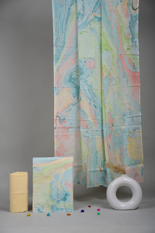 HAND BLOCK PRINTED COTTON 3-PIS SUIT WITH MULMUL DUPPATA (CMS47)