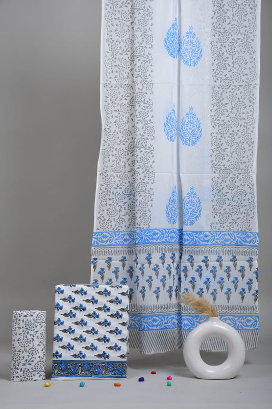 HAND BLOCK PRINTED COTTON 3-PIS SUIT WITH MULMUL DUPPATA (CMS50)