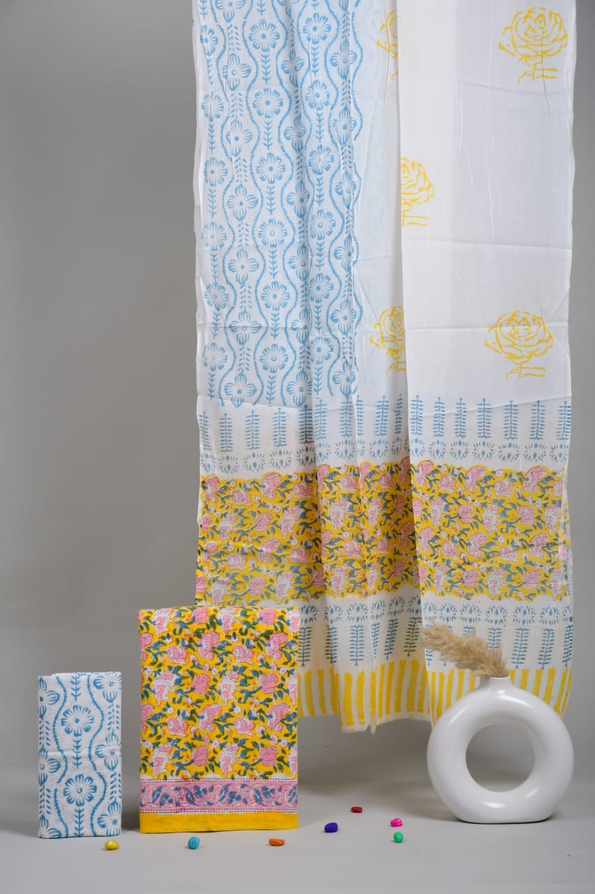 HAND BLOCK PRINTED COTTON 3-PIS SUIT WITH MULMUL DUPPATA (CMS51)