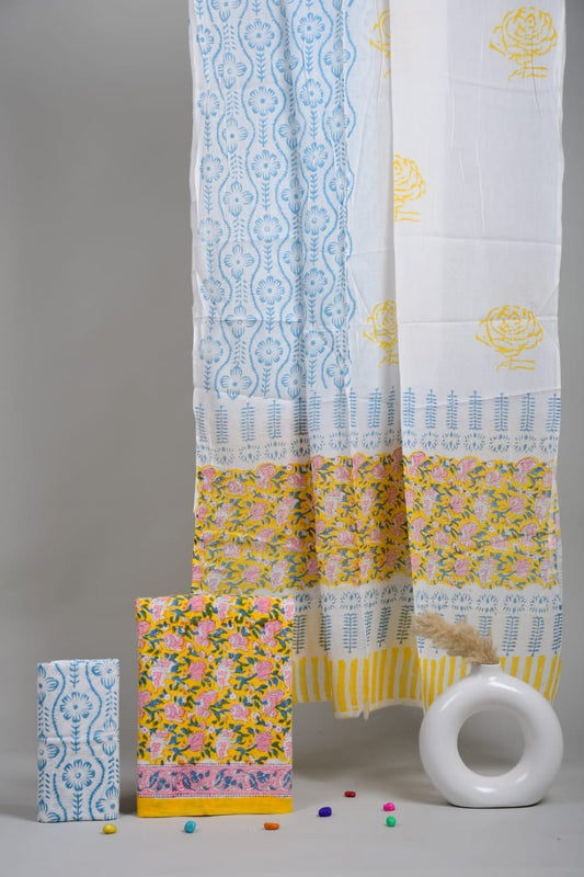 HAND BLOCK PRINTED COTTON 3-PIS SUIT WITH MULMUL DUPPATA (CMS51)