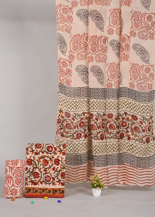 HAND BLOCK PRINTED COTTON 3-PIS SUIT WITH MULMUL DUPPATA (CMS58)