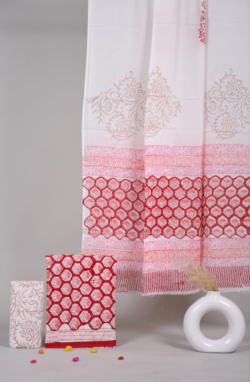 HAND BLOCK PRINTED COTTON 3-PIS SUIT WITH MULMUL DUPPATA (CMS59)
