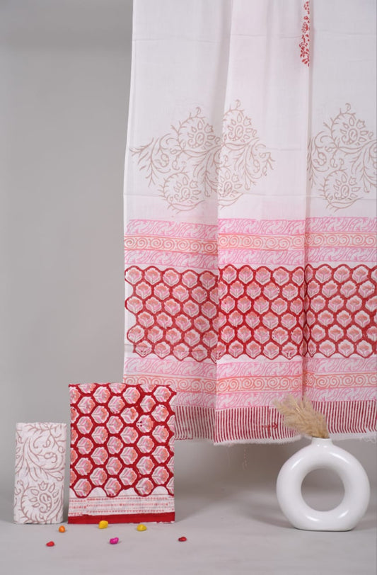 HAND BLOCK PRINTED COTTON 3-PIS SUIT WITH MULMUL DUPPATA (CMS59)