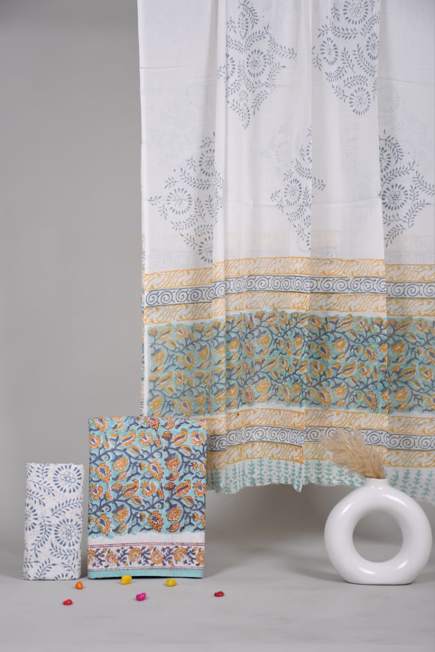 HAND BLOCK PRINTED COTTON 3-PIS SUIT WITH MULMUL DUPPATA (CMS60)