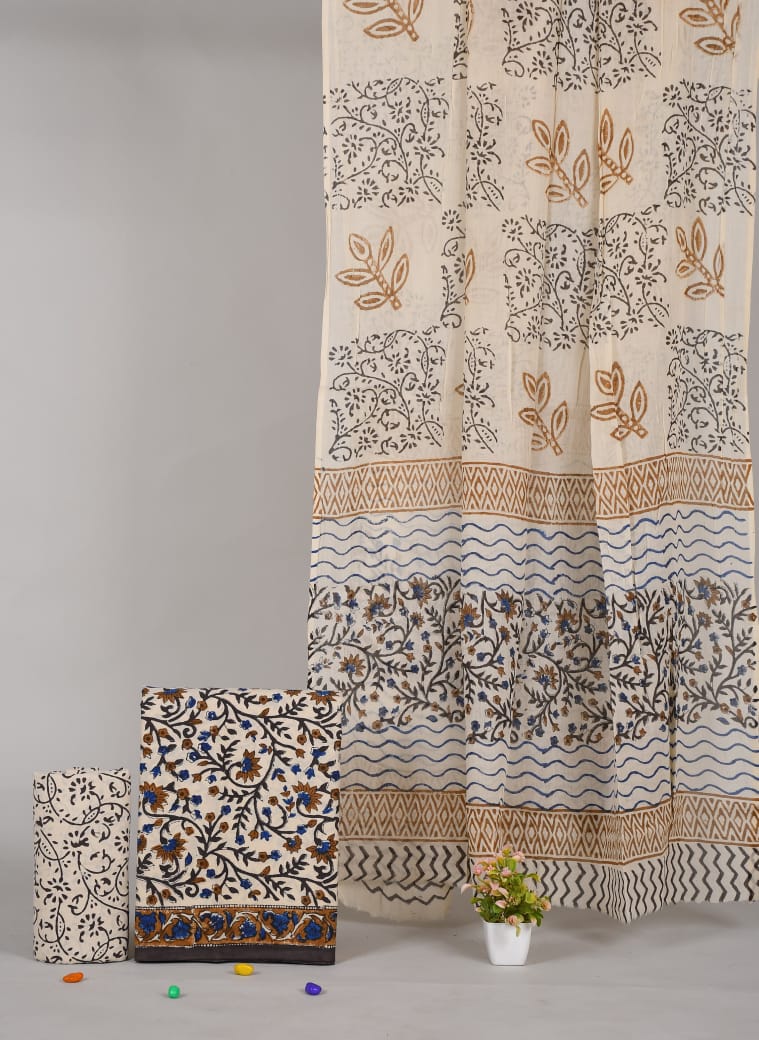 HAND BLOCK PRINTED COTTON 3-PIS SUIT WITH MULMUL DUPPATA (CMS62)