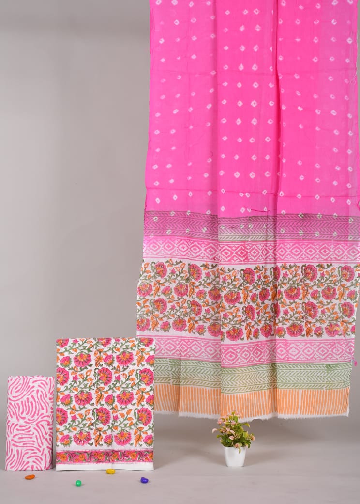 HAND BLOCK PRINTED COTTON 3-PIS SUIT WITH MULMUL DUPPATA (CMS63)