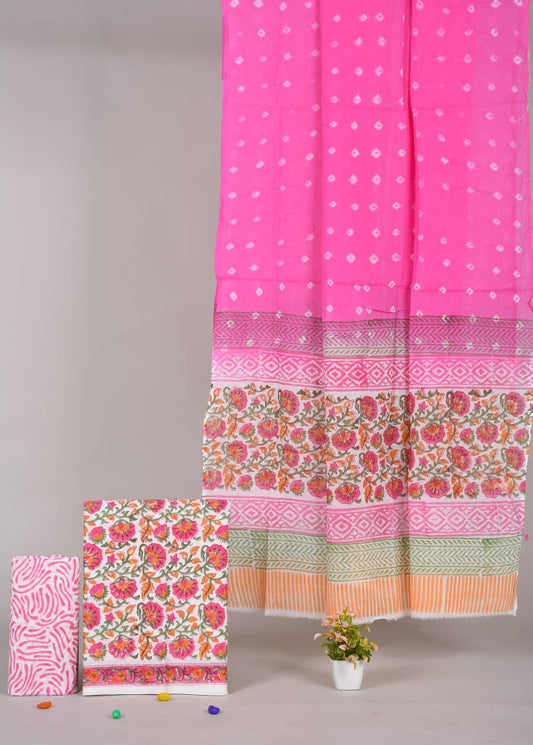 HAND BLOCK PRINTED COTTON 3-PIS SUIT WITH MULMUL DUPPATA (CMS63)