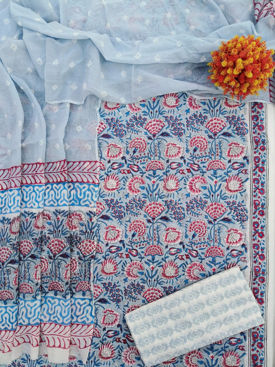 HAND BLOCK PRINTED COTTON 3-PIS SUIT WITH MULMUL DUPPATA (CMS69)