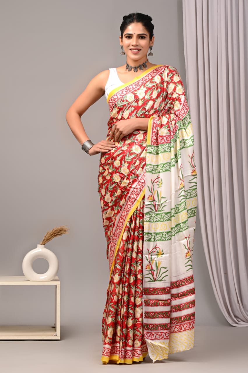 Ajrakh Hand Block Bagru Vanspati Printend Modal Silk Saree with Blouse (CID9)