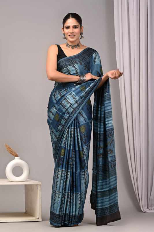 Ajrakh Hand Block Bagru Vanspati Printend Modal Silk Saree with Blouse (CID69)