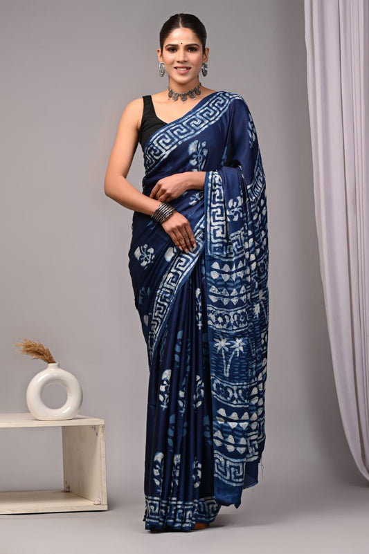 Ajrakh Hand Block Bagru Vanspati Printend Modal Silk Saree with Blouse (CID72)