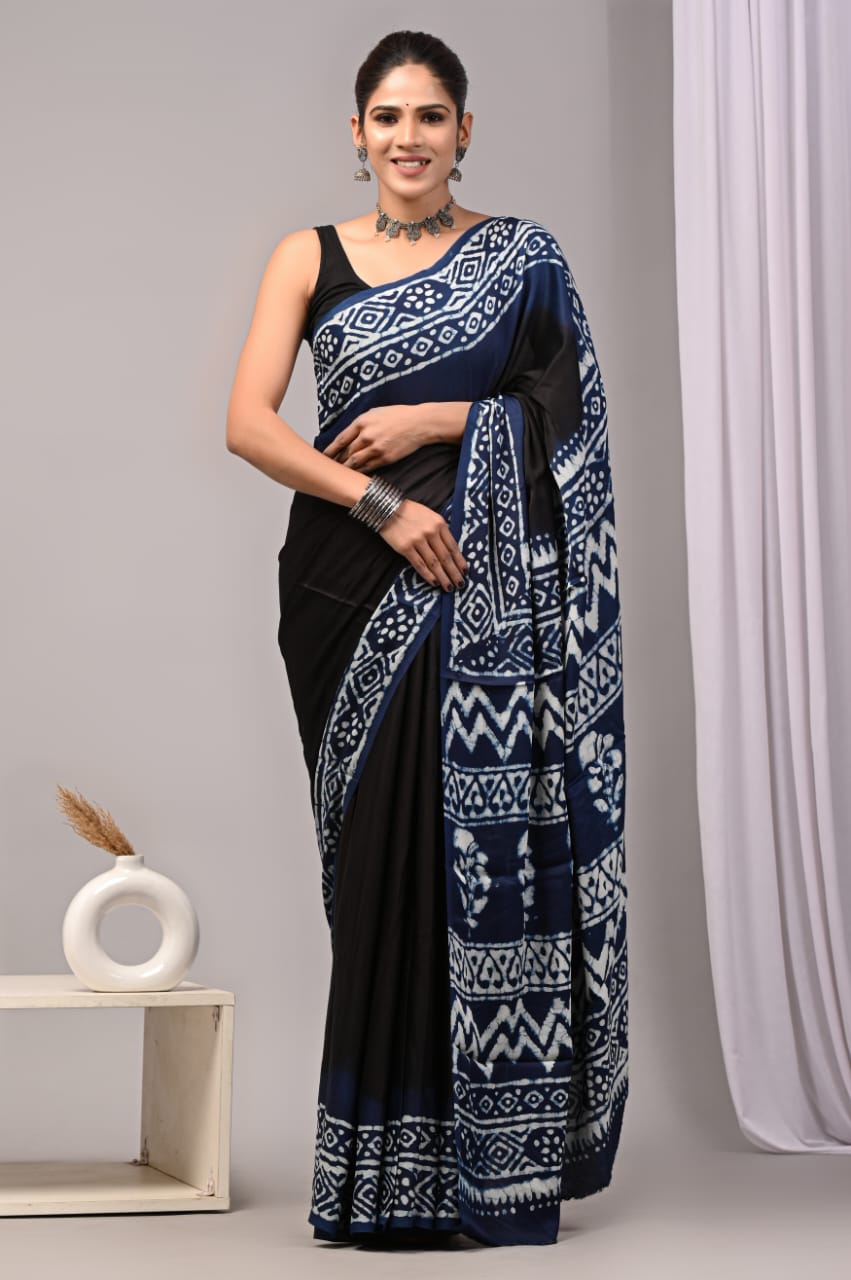 Ajrakh Hand Block Bagru Vanspati Printend Modal Silk Saree with Blouse (CID76)