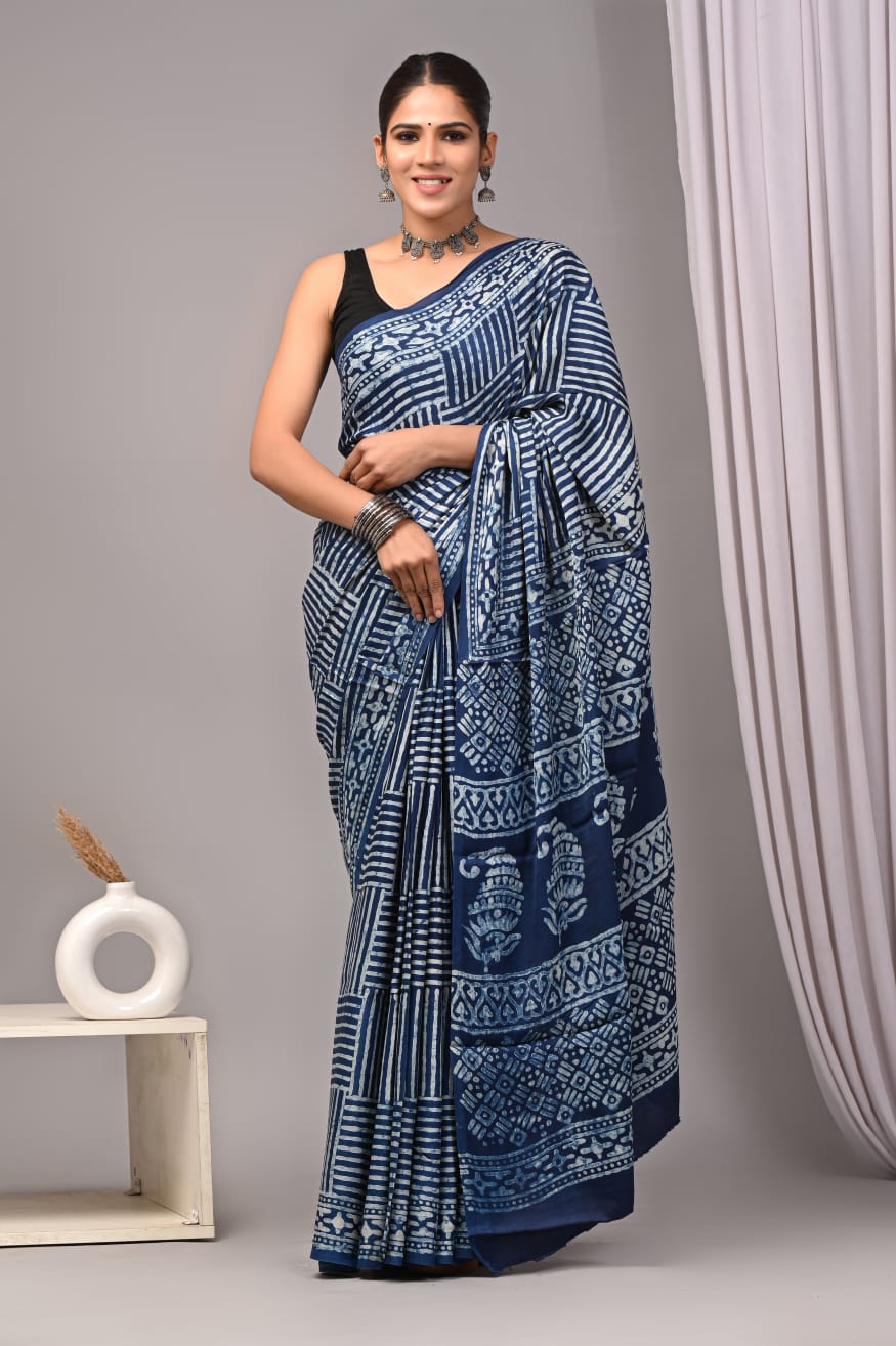 Ajrakh Hand Block Bagru Vanspati Printend Modal Silk Saree with Blouse (CID77)