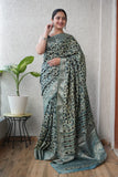 AJRAKH PRINTED PURE DOLA SILK SAREE WITH BLOUSE (MS31)