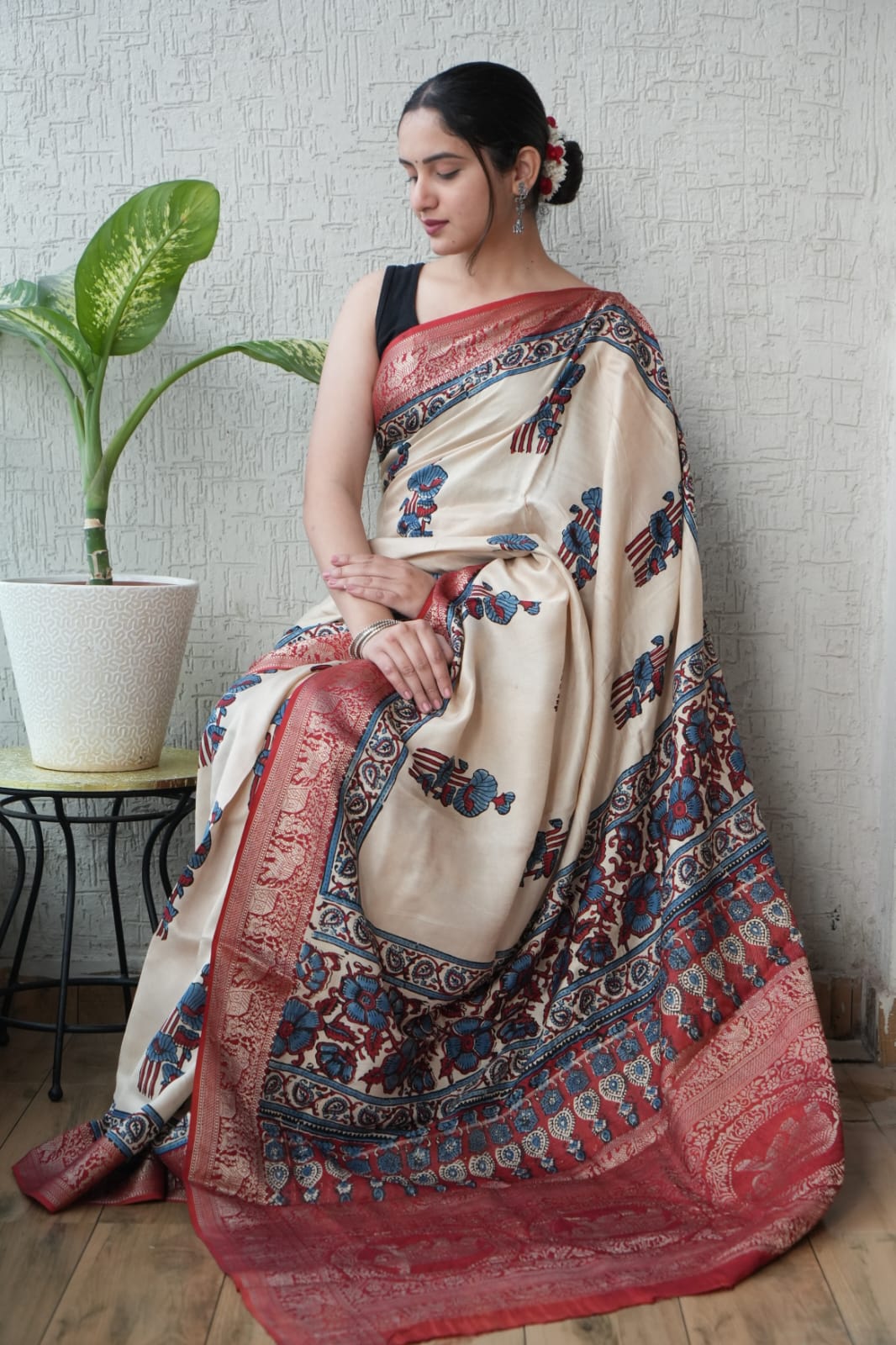 AJRAKH PRINTED PURE DOLA SILK SAREE WITH BLOUSE (MS32)