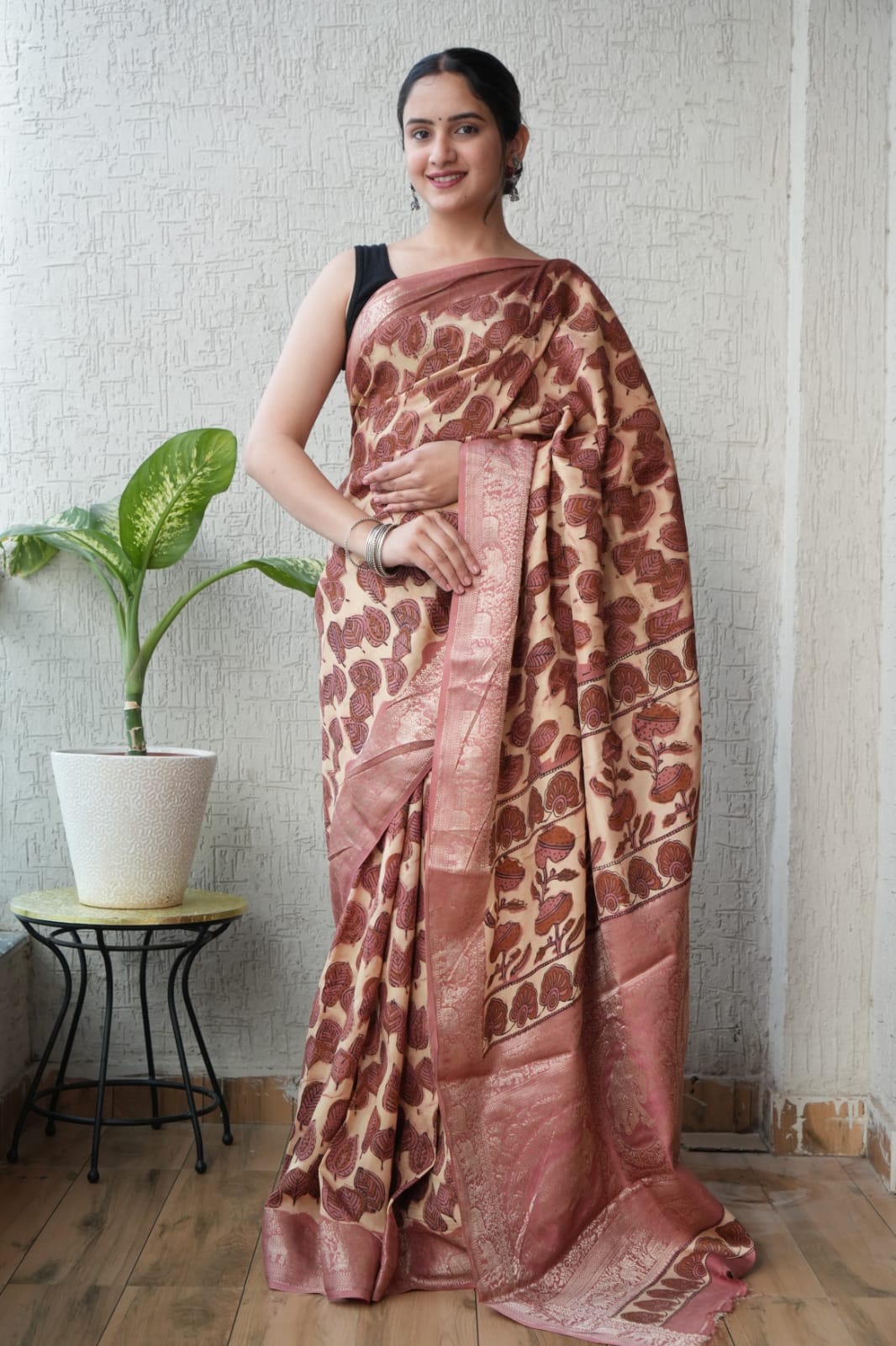 AJRAKH PRINTED PURE DOLA SILK SAREE WITH BLOUSE (MS33)