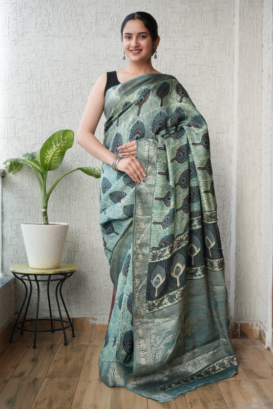 AJRAKH PRINTED PURE DOLA SILK SAREE WITH BLOUSE (MS36)
