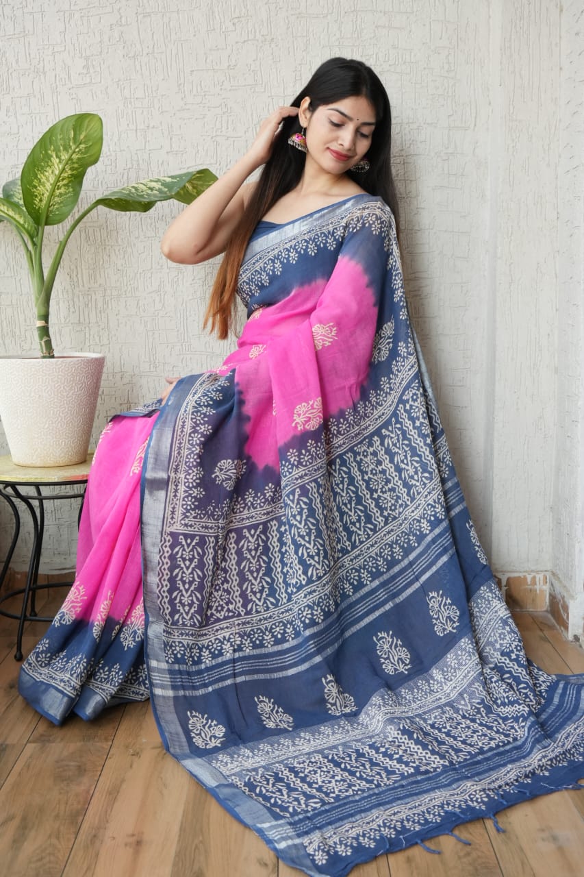 HAND BLOCK BLACK & WHITE PRINTED COTTON LINEN SAREE WITH BLOUSE  (LCS128)