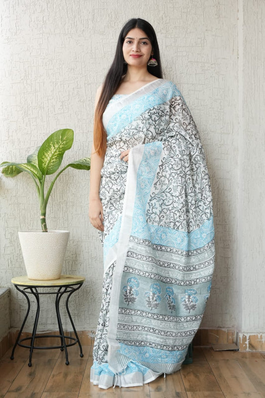 HAND BLOCK BLACK & WHITE PRINTED COTTON LINEN SAREE WITH BLOUSE  (LCS130)