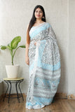 HAND BLOCK BLACK & WHITE PRINTED COTTON LINEN SAREE WITH BLOUSE  (LCS130)