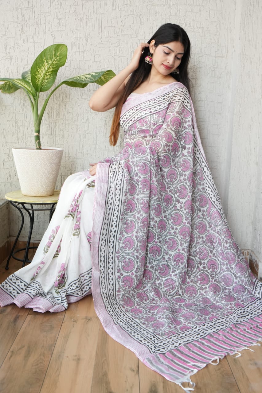 HAND BLOCK BLACK & WHITE PRINTED COTTON LINEN SAREE WITH BLOUSE  (LCS132)