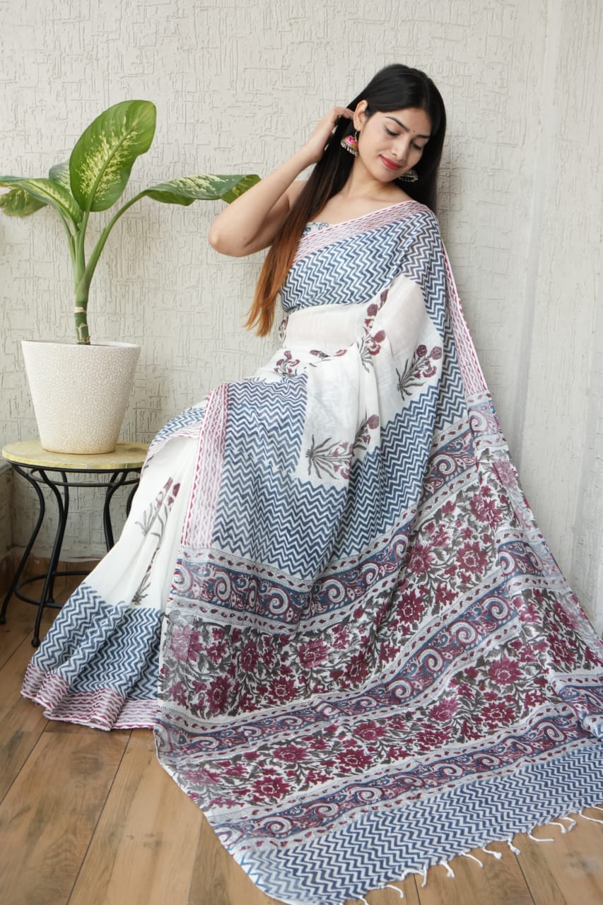 HAND BLOCK BLACK & WHITE PRINTED COTTON LINEN SAREE WITH BLOUSE  (LCS134)