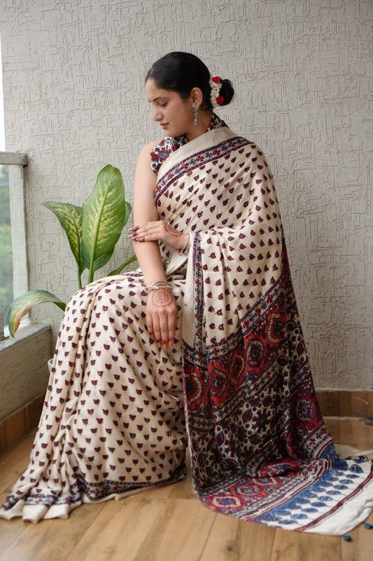 HAND BLOCK PRINTED AJRAKH MODAL SILK SAREE (CIG16)