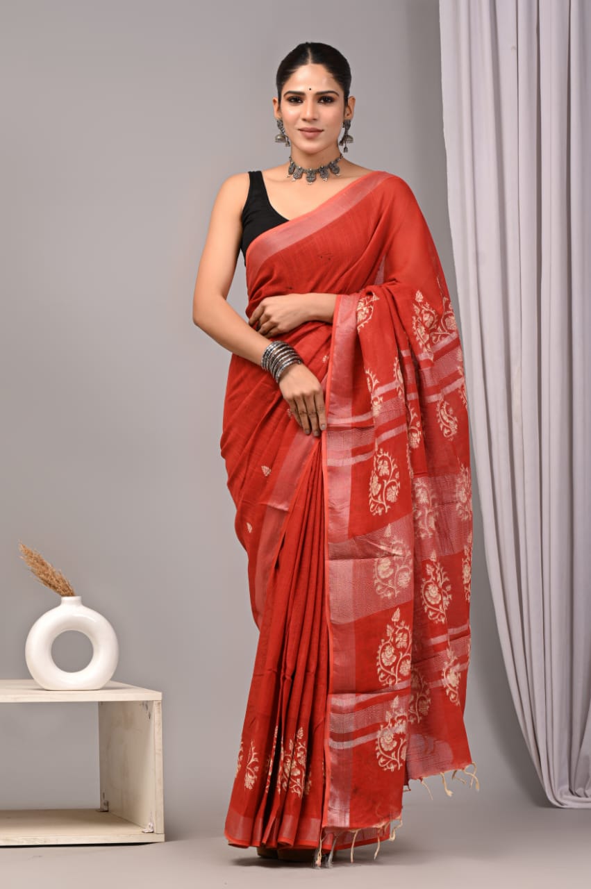 HAND BLOCK BLACK & WHITE PRINTED COTTON LINEN SAREE WITH BLOUSE  (LCS135)