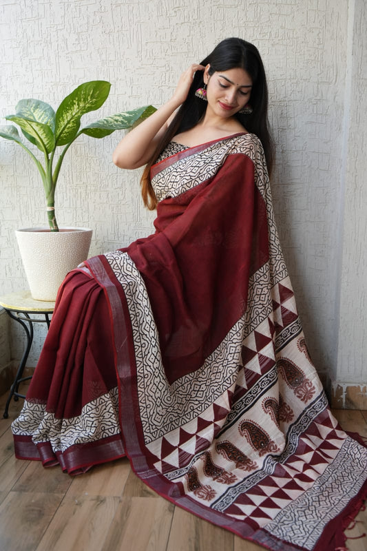 HAND BLOCK BLACK & WHITE PRINTED COTTON LINEN SAREE WITH BLOUSE  (LCS122)