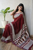 HAND BLOCK BLACK & WHITE PRINTED COTTON LINEN SAREE WITH BLOUSE  (LCS122)