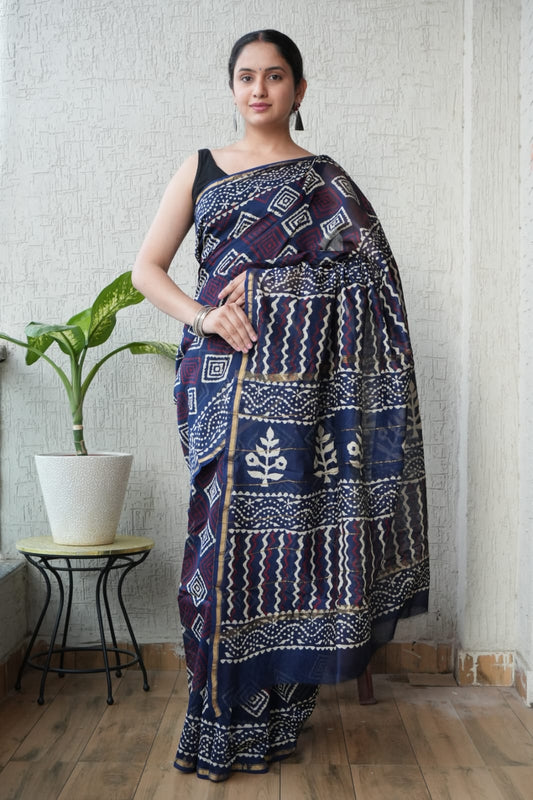 Bagru Hand Block Printed Chanderi Silk Saree with Blouse (CSS101)