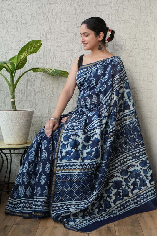 Bagru Hand Block Printed Chanderi Silk Saree with Blouse (CSS104)