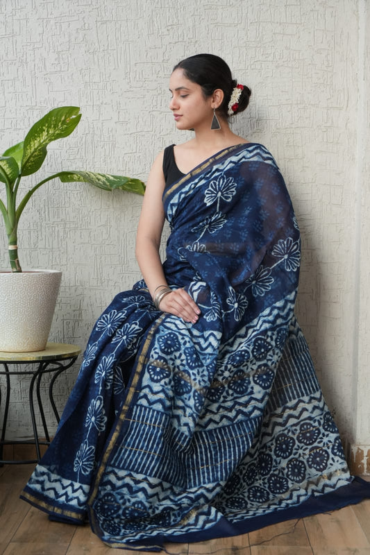 Bagru Hand Block Printed Chanderi Silk Saree with Blouse (CSS107)