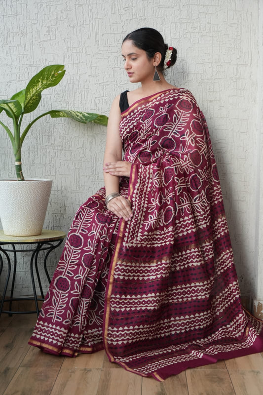 Bagru Hand Block Printed Chanderi Silk Saree with Blouse (CSS108)