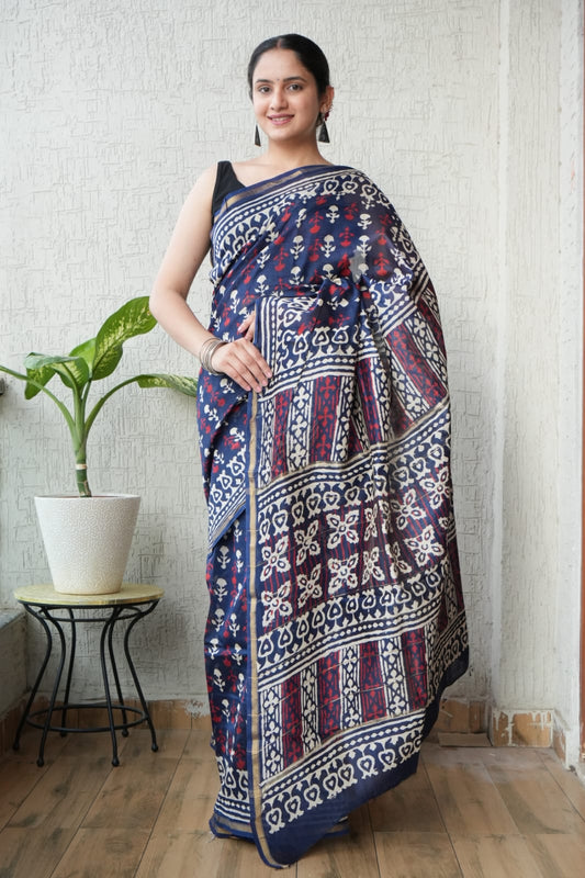 Bagru Hand Block Printed Chanderi Silk Saree with Blouse (CSS106)